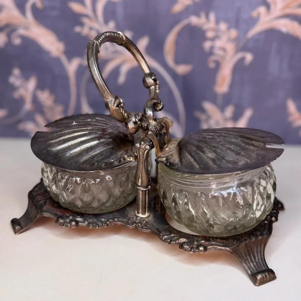 Antique 1900s Shell Shaped Silver Toned Double Salt Cellar with Cut Glass READ